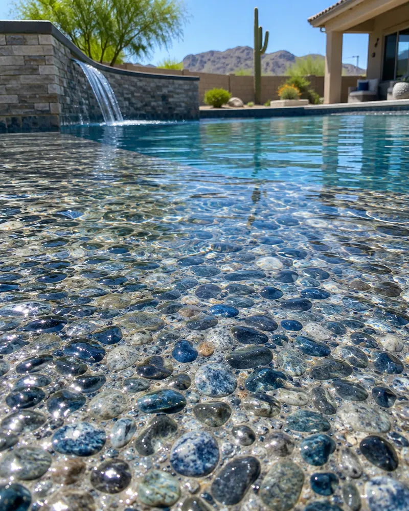 Extreme close-up of a wet pebble pool finish: small rounded river pebbles in blue and gray tones set in cement, exposed and polished