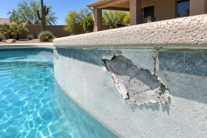 Hollow, delaminated patch of pool plaster flaking off a pool wall, exposing gray material underneath