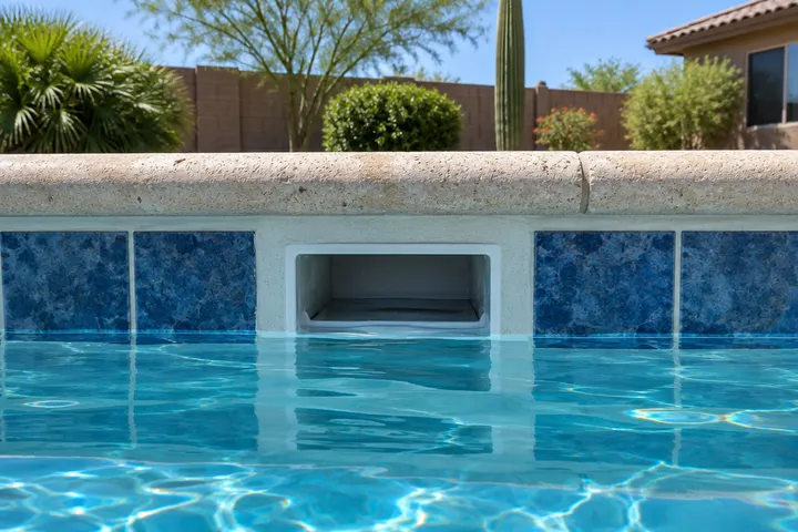 Pool skimmer throat opening at the tile line with freshly repaired plaster and tile around it