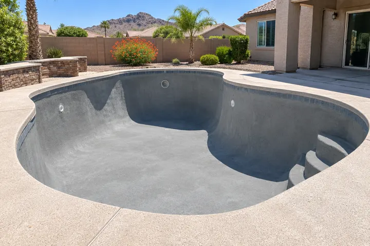 Empty pool interior with a fresh gray bond coat sprayed evenly over the old surface, ready for new plaster, sunny day