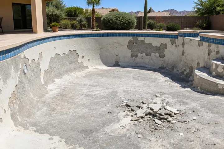 Empty pool floor with loose old plaster chipped away in patches exposing the gray gunite shell, broken pieces swept into a pile