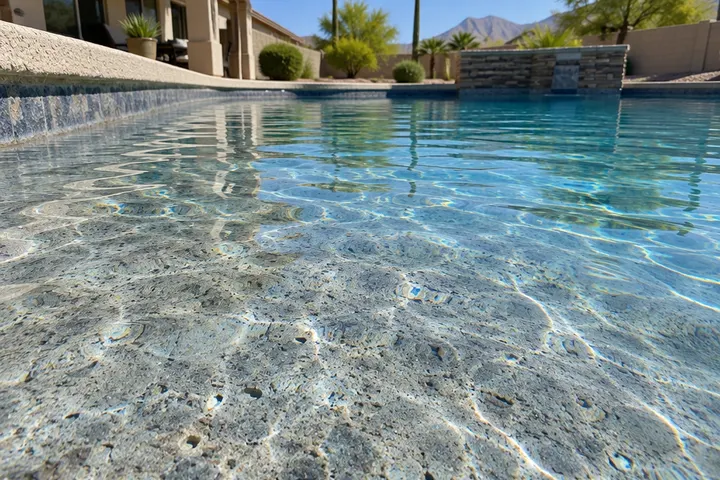 Close-up of old pool plaster with rough etched texture, small pits and gray mottling under clear shallow water