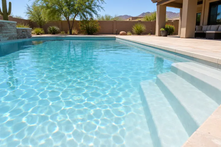 Smooth new white pool plaster on a pool floor and steps seen through calm, crystal clear water