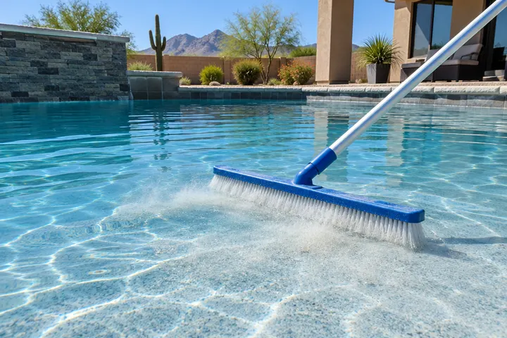 Wide pool brush on a pole sweeping the floor of a newly filled pool, fine plaster dust lifting in clear water