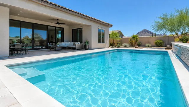 Residential pool with a new light blue quartz plaster finish making the water glow turquoise, crisp white coping, modern Phoenix stucco home with large sliding glass doors, clear blue sky