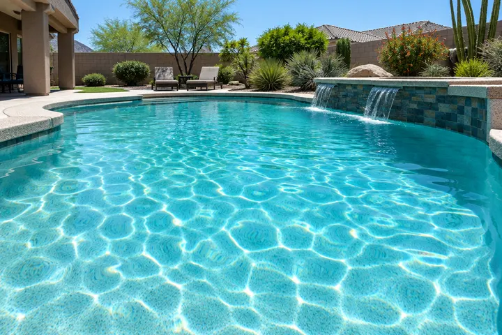 Sunlight caustic patterns rippling across a pool floor with a quartz finish, bright turquoise water